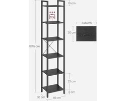 Hoog boekenkast - staand rek - boekenrek met 6 niveaus - zwart - 30 x 40 x 187,5 cm