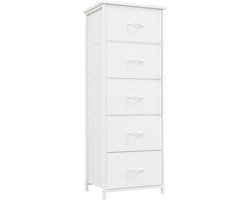 Hoog dressoir met 5 laden en afneembare stoffen bakken. Ideaal voor slaapkamer, kinderkamer, hal of woonkamer. Afwerking in wit leerlook.