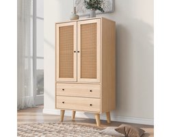 Hoog houten dressoir - 120 cm hoog, 3 lades, rotan deuren, veel opbergruimte, stil sluitend scharnier