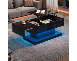 Hoogglans opklapbare theetafel LED salontafels 100x50x45 cm met LED verlichting – semi-opklapbaar tafelblad en zijwaarts verschuifbaar design, hydraulische lift en opbergruimte