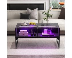 Hoogglans Salontafel met Blad van Imitatiemarmer en Gehard Glas LED-Verlichting Moderne Bijzettafel Inclusief Afstandsbediening-Zwart