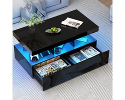 Hoogglans salontafel met LED-verlichting, moderne salontafel met opbergruimte, Geschikt voor woon- en slaapkamers, 104 x 53 x 46 cm, zwart