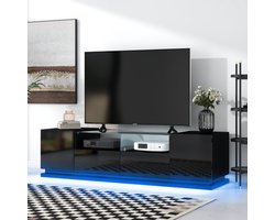 Hoogglans salontafel, woonkamertafel met glazen plank, twee deuren, grote opbergruimte, veelkleurige LED-lichteffecten