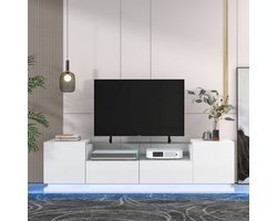 Hoogglans salontafel, woonkamertafel met glazen plank, twee deuren, grote opbergruimte, veelkleurige LED-lichteffecten
