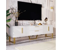 Hoogglans tv-meubel - gouden handgrepen en poten - deur met gegraveerde textuur - 170 x 40 x 53.5 cm
