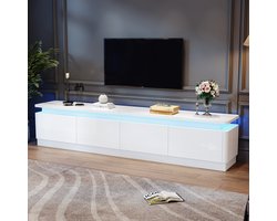 Hoogglans tv meubel met LED-verlichting - Voor woonkamer - 180 cm breed - Wit - 4 lades - App-bestuurbare sfeerverlichting - Gebogen veiligheidsdesign - Geschikt tot 75 inch tv