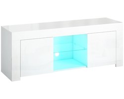 Hoogglans Witte TV Kast 120 x 34 x 45 cm, TV Meubel met LED Verlichting, 2 Deuren, Glazen Legplank en Kabelmanagement, TV Dressoir met Opbergruimte voor Media, Consoles en Accessoires, Modern Design