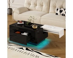 Hoogglans Zwarte-Witte Salontafel met LED Verlichting – Uitschuifbaar Tafelblad & Verborgen Opbergruimte, 16 Kleuren Licht – 80x50x35,5 cm