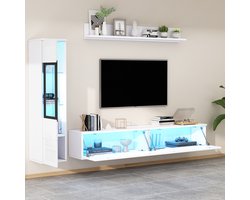 Hoogglanzend wit woonkamermeubelset van 3 delen - met LED-verlichting - 1 x TV-meubel - 1 x woonkamer vitrinekast - 1 x hanging boekenplank