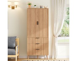 Hoogkast Opbergkast 75x35x180 cm Natuurlijk - 2 Deuren - 3 Ruime Laden - Deurvakken