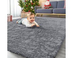 Hoogpolig pluizig tapijt, antislip onderkant, wasbaar, kleine tapijten voor de woonkamer, kinderkamer, slaapkamer, 60 x 100 cm, grijs