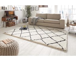 Hoogpolig vloerkleed geruit Allure - crème/zwart 80x150 cm