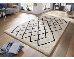 Hoogpolig vloerkleed geruit Touch - crème/zwart 80x150 cm