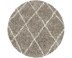Hoogpolig vloerkleed met geometrisch patroon, beige kleur, geschikt voor de woonkamer, met jute achterkant, rond formaat: 200 cm