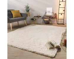 Hoogpolig Vloerkleed Zacht Beige Crème Modern Effen Kleur Slaapkamer Woonkamer