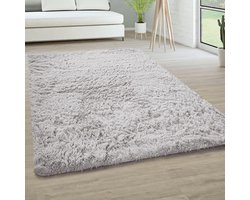 Hoogpolig Woonkamer Tapijt 140x200 cm - Zilver Shaggy Vloerkleed