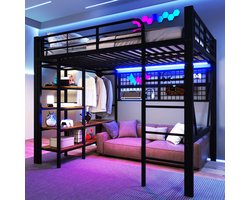 Hoogslaper, 140 x 200 cm, ijzeren frame, Opbergvak, net voor het Ophangen van Kleding, met Kledingstang, open Ruimte onder het bed, met led-lichtstrip, Zonder Matras, Zwart