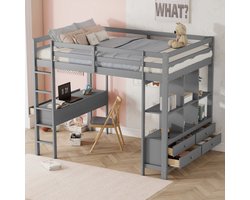 Hoogslaper, 140 x 200 cm Kinderhoogslaper met opberglades en bureau onder het bed, zonder matras, grijs
