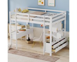 Hoogslaper, 140 x 200 cm Kinderhoogslaper met opberglades en bureau onder het bed, zonder matras, wit