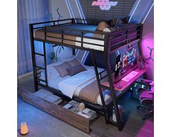 Hoogslaper 140 x 200 cm met LED Verlichting - IJzeren Frame - Stapelbed met Bureau - Kinderbed met 2 Lade - Metalen Bed met Geïntegreerde Opbergruimte - Zonder Matras - Geschikt voor Volwassenen en Kinderen