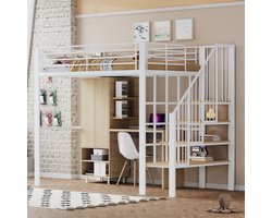 Hoogslaper 140 x 200 Stevige metalen constructie met ruime opbergruimte onder het bed en een trap Ideaal voor kinderen en volwassenen Opbergbed voor maximale ruimtebenutting, zwart