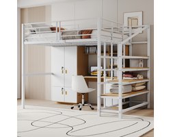Hoogslaper, 140 x 200cm, Stevige metalen constructie met ruime opbergruimte onder het bed en de trap Ideaal voor kinderen en volwassenen, Opbergbed voor maximaal ruimtegebruik, wit