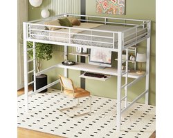Hoogslaper - 140*200 cm - bedframe metalen bed - ijzeren bed - hoogslaper met bureau en twee boekenplanken voor kinderen - jongeren en volwassenen - wit