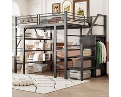 Hoogslaper 140*200 cm, drielaags opbergrek, bureau, kledingkast, veiligheidsopstapjes met opbergvak, hoog hekwerk, ijzeren bed, eenpersoonsbed, zwart