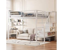 Hoogslaper, 140*200 cm, legplanken, opbergladder, vrije ruimte onder het bed om te verkleedden, reling, zonder matras, wit