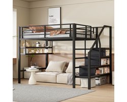 Hoogslaper, 140*200cm, legplanken, opbergtrap, vrije ruimte onder het bed voor bekleding, reling, zonder matras, zwart