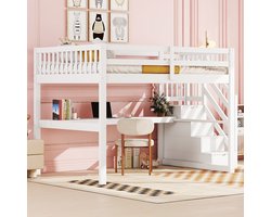 Hoogslaper - 140x 200 cm - kinderhoogslaper - met opberglades en bureau onder het bed - wit - zonder matras