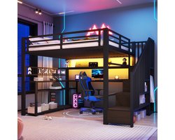Hoogslaper 140x200 cm - Gaming Bed Met Bureau, Kast, LED En Opbergruimte Zwart