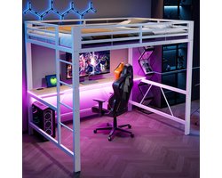 Hoogslaper - 140x200 cm - Gaming met Bureau - LED en USB - Metaal en MDF - Wit