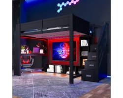 Hoogslaper 140x200 cm - Houten Bed Met Bureau, Opbergruimte, Kast Trap En LED Verlichting - Zwart
