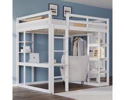 Hoogslaper - 140x200 cm - Massief Hout Wit - 120 kg Draagvermogen - Multifunctioneel Met Bureau & Planken - Veiligheidstrappen - Optimaal Ruimtegebruik