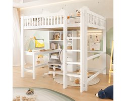 Hoogslaper, 140x200 cm, meerdere opbergvakken, ladder, bureau, 3 lades, zonder matras, wit