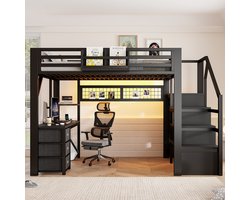 Hoogslaper 140x200 cm – Met Bureau en Ledverlichting – Met 3 Laden, Opbergvakken en Kledingkast – Zonder Matras – Metaal – Zwart
