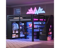 Hoogslaper 140x200 cm met Bureau, LED, USB, Kledingkast en Opbergladder, Metalen Bed met Opbergruimte, Zwart