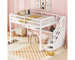 Hoogslaper 140x200 cm met opbergladen en bureau onder het bed - grenenhout + MDF - wit(matras niet inbegrepen)