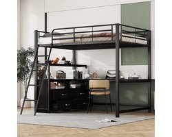 Hoogslaper - 140x200 cm - praktische lades - stijlvol L-vormig bureau - laminaat design - geen matras - zwart