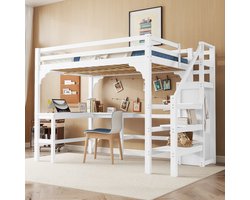 Hoogslaper, 140x200 cm, stijlvol L-vormig bureau, grenenhout, open kledingkast, minimalistische stijl, wit.