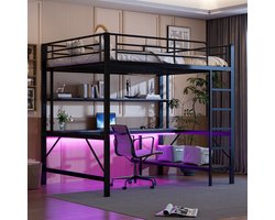 Hoogslaper - 140x200 cm - trapladder - met USB en stopcontact - met LED-verlichting - bureau - zonder matras - zwart