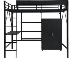 Hoogslaper 140x200 cm Zonder Matras Metaal Zwart Met Bureau Kast en Opbergruimte Industrieel Design