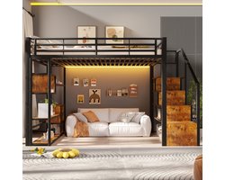 Hoogslaper 140x200 / Kinder hoogslaper – met Opbergrekken, Opbergruimte, LED-Verlichting, Veiligheidshek, Ladder – Metaal – Zwart – Zonder Matras