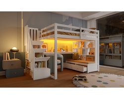 Hoogslaper 140x200 met Bureau en Opbergruimte – Hoog Bed met Lades, Planken en LED – Wit