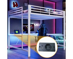 Hoogslaper - 160x200 Cm - Bed - Met Laden - USB - LED-verlichting - Wit - Zonder Matras