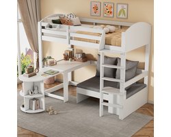 Hoogslaper - 90 x 200 cm - 1-persoons - met bureau - met opbergruimte - met ladder - Wit