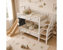 Hoogslaper - 90 x 200 cm - 1-persoons - met opbergruimte - met glijbaan - met trap - Wit