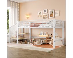 Hoogslaper - 90 x 200 cm - 1-persoons - met opbergruimte - met trap - Wit