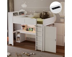 Hoogslaper 90 x 200 cm - Bureau, Kasten, USB en LED - Grenen en MDF - Wit